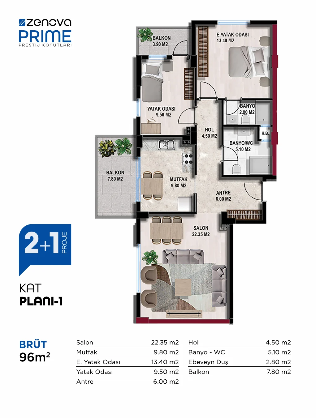 Zenova Prime 2+1 Kapalı Mutfak Kat Planı