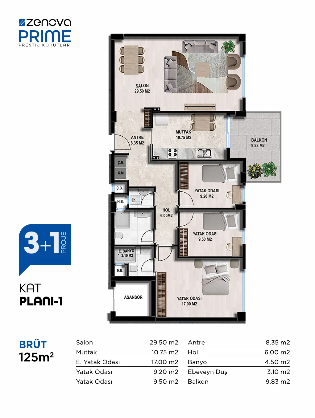 Zenova Prime 3+1 Tek Balkon Kat Planı