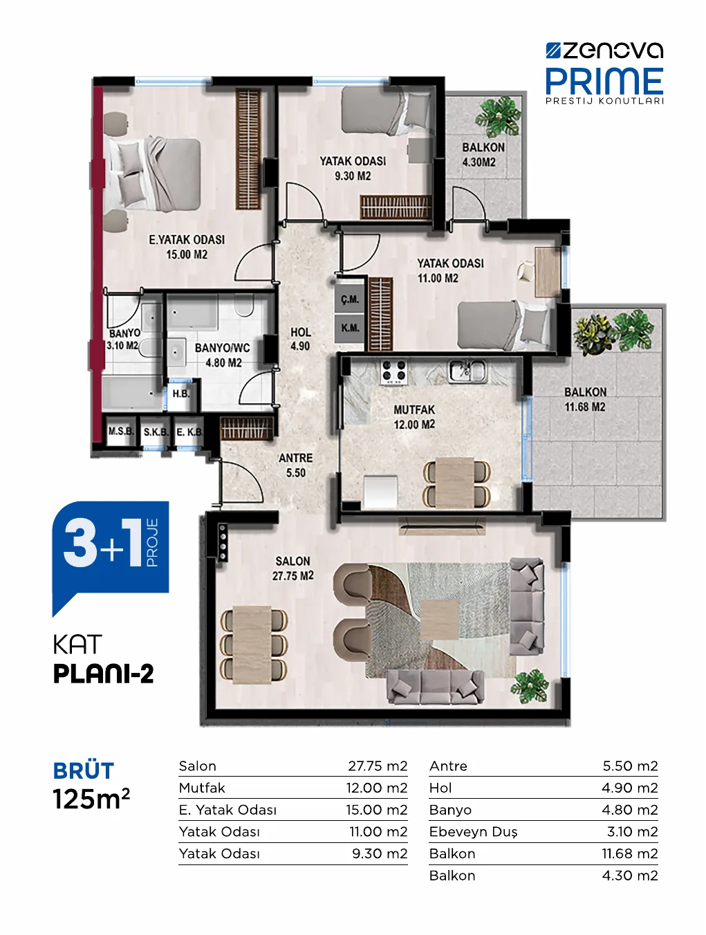 Zenova Prime 3+1 Çift Balkon Kat Planı